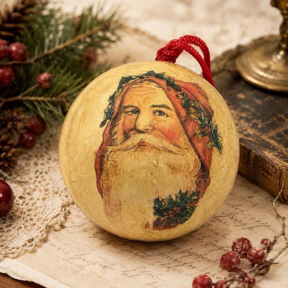 Vintage Handmade Papier Mache Santa Claus Ball Christmas Ornament 3" Folk Art